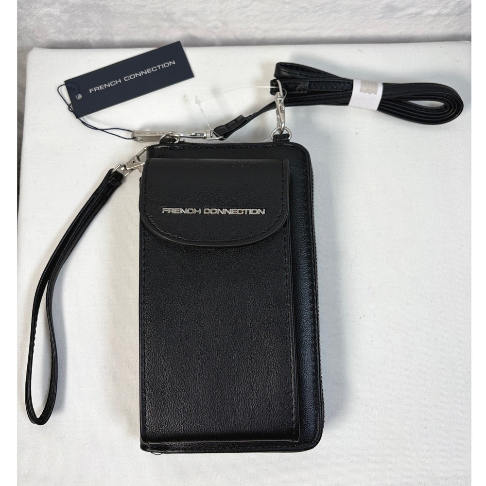 French Connection Athena Smooth Phone Crossbody Wristlet Black NEW